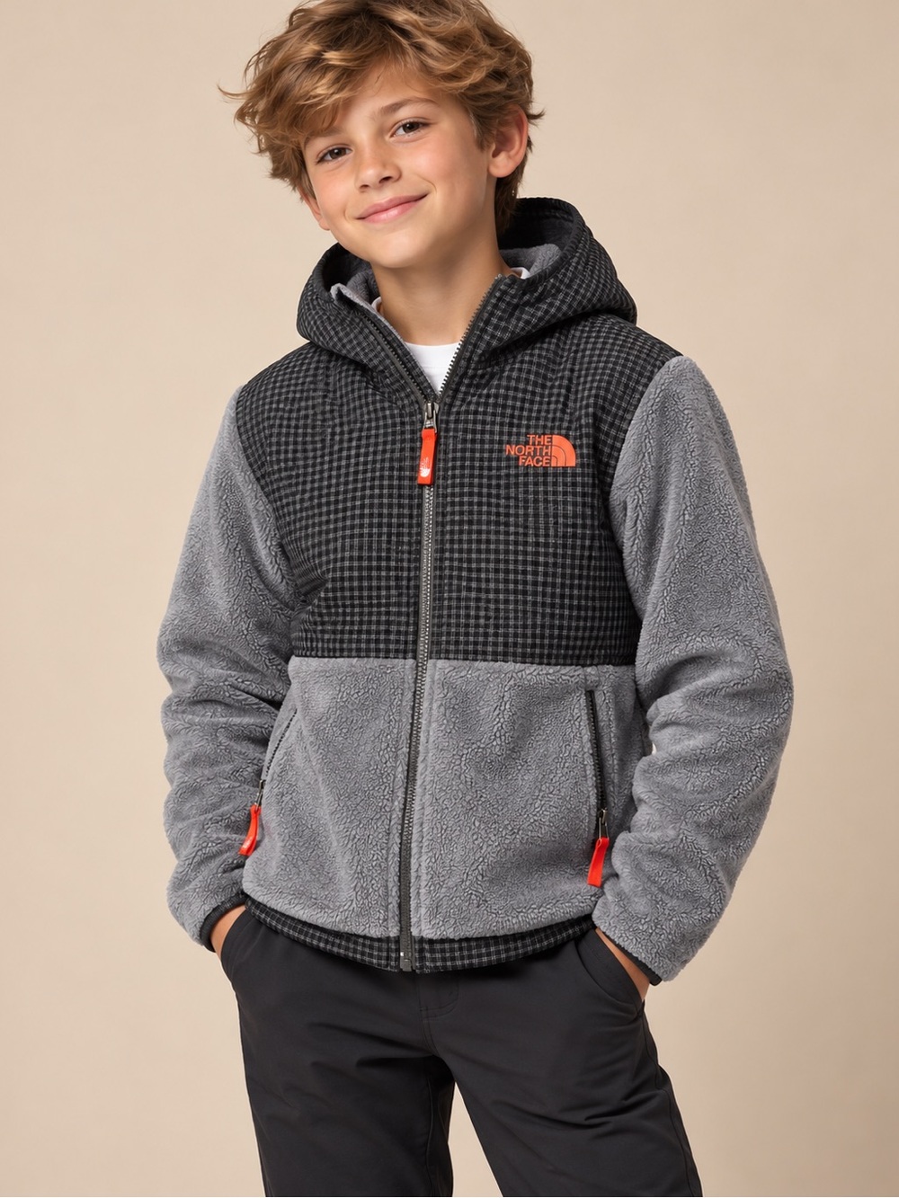 The North Face Kids' Gray and Charcoal Hooded Fleece with Orange Accents